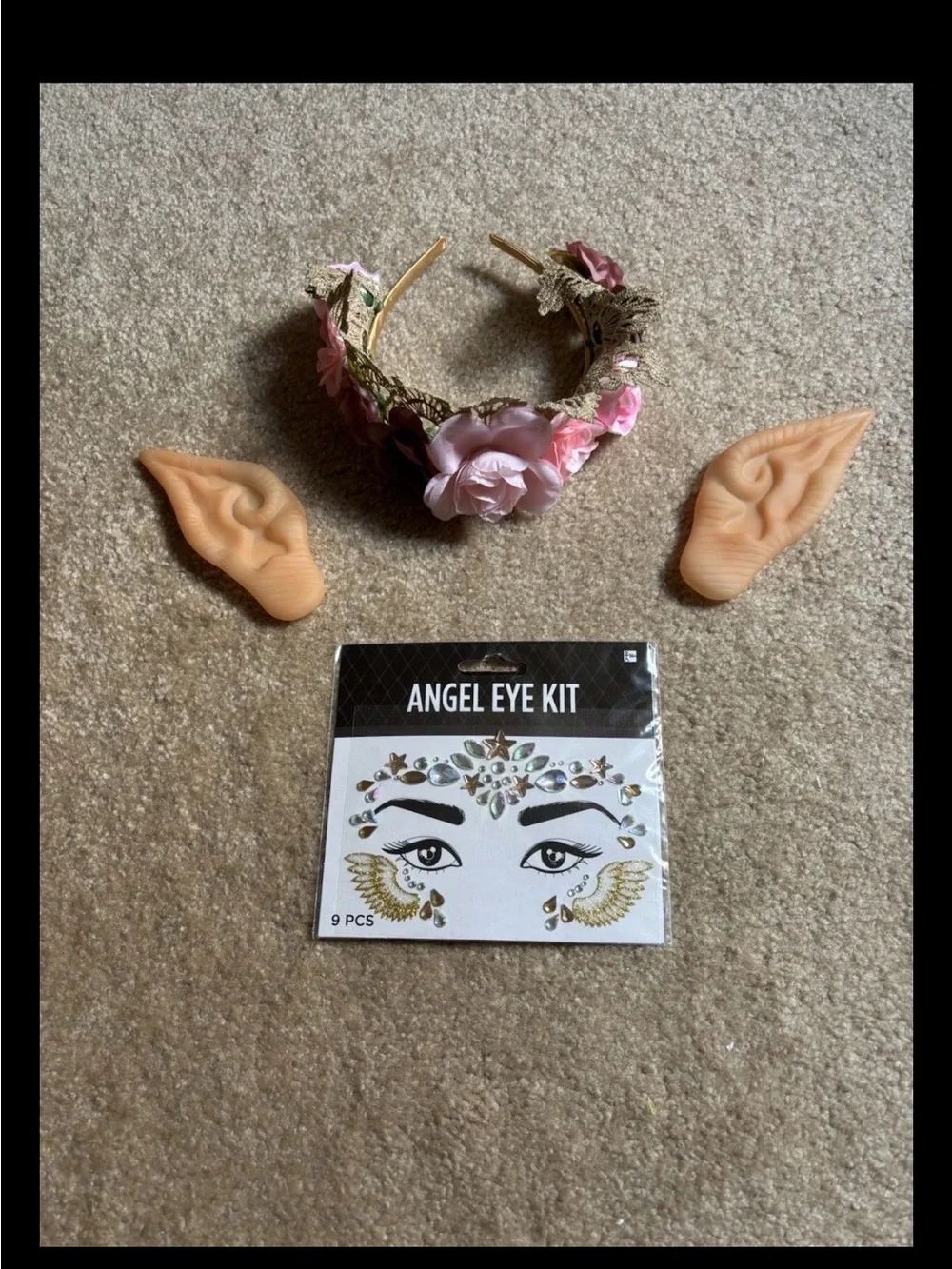 Pink Floral Headband with Decorative Elf Ears and Gold Eye Gem Kit